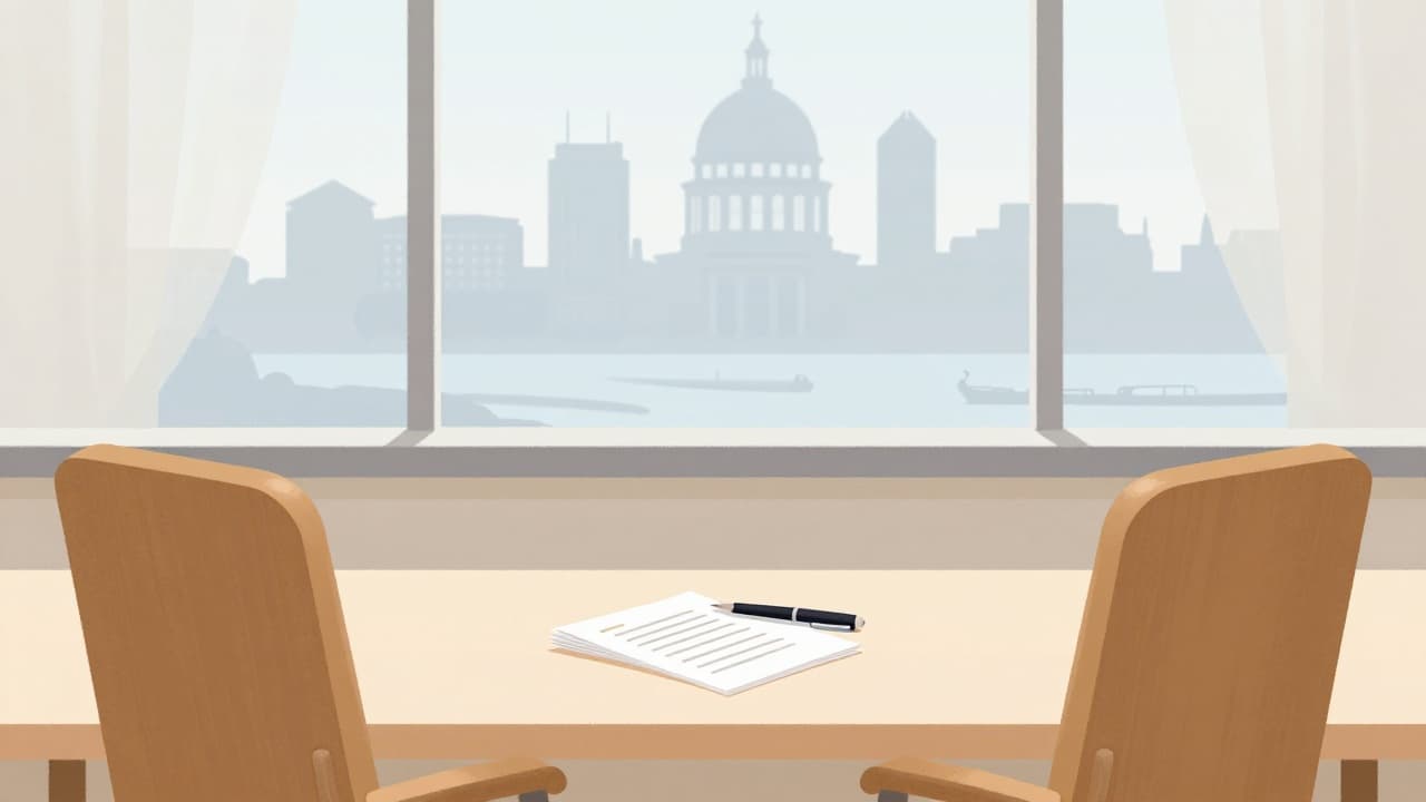 Empty chairs and documents on the table