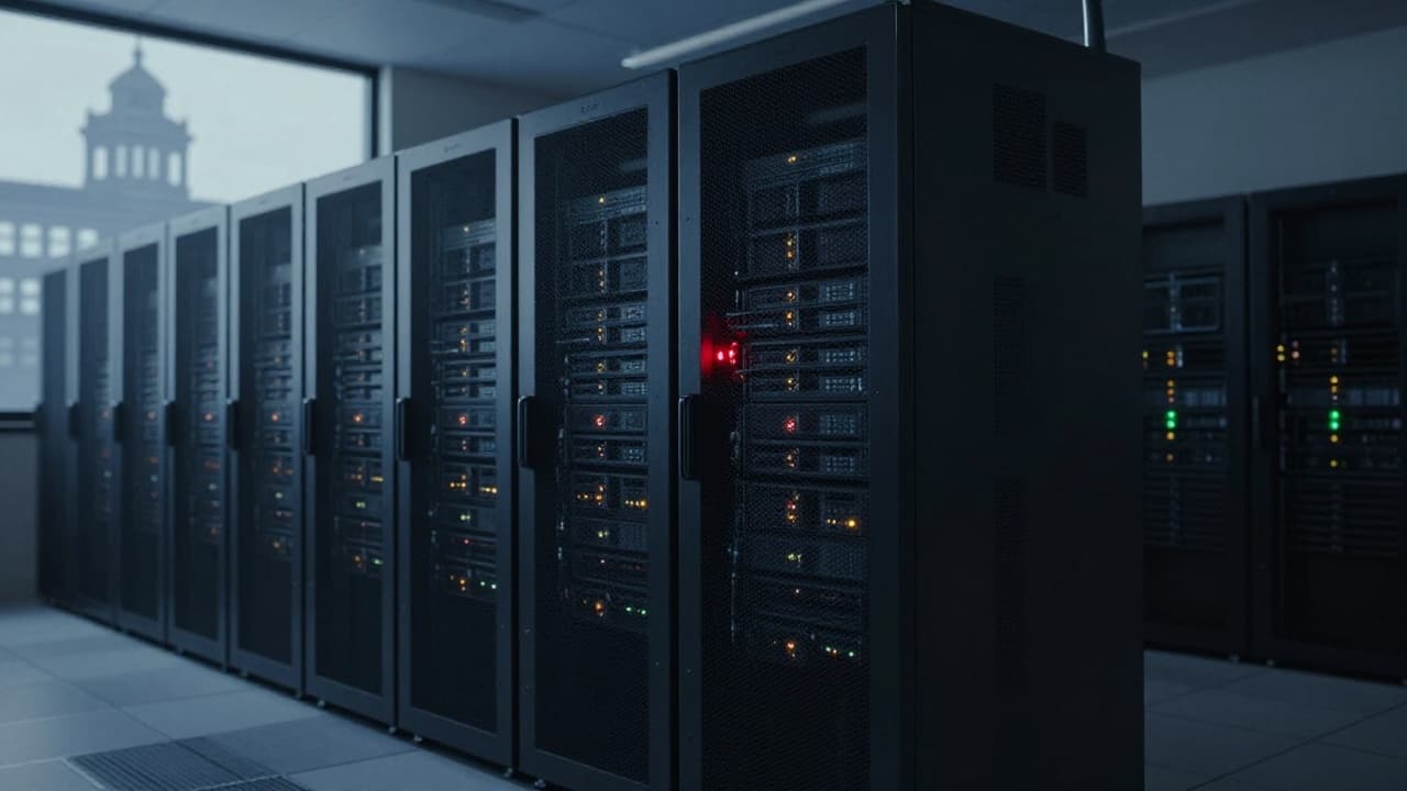 Servers with red warnings in a dark room