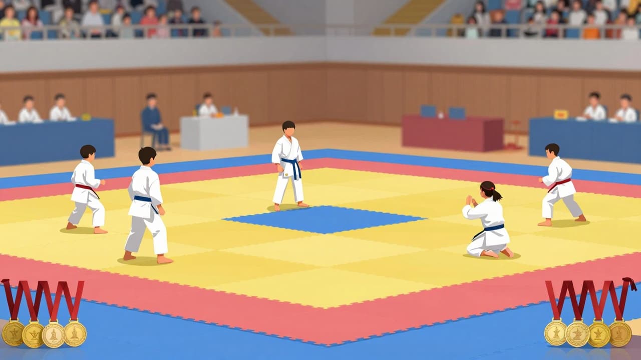 Karate fighters in white uniforms at the competition