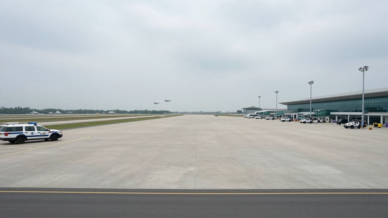 Empty airport with police and combat aircraft
