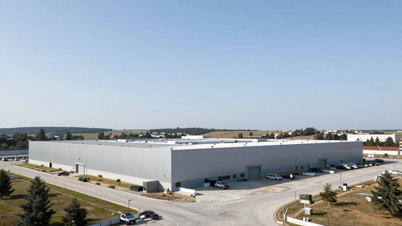 Depiction of the construction of an industrial building