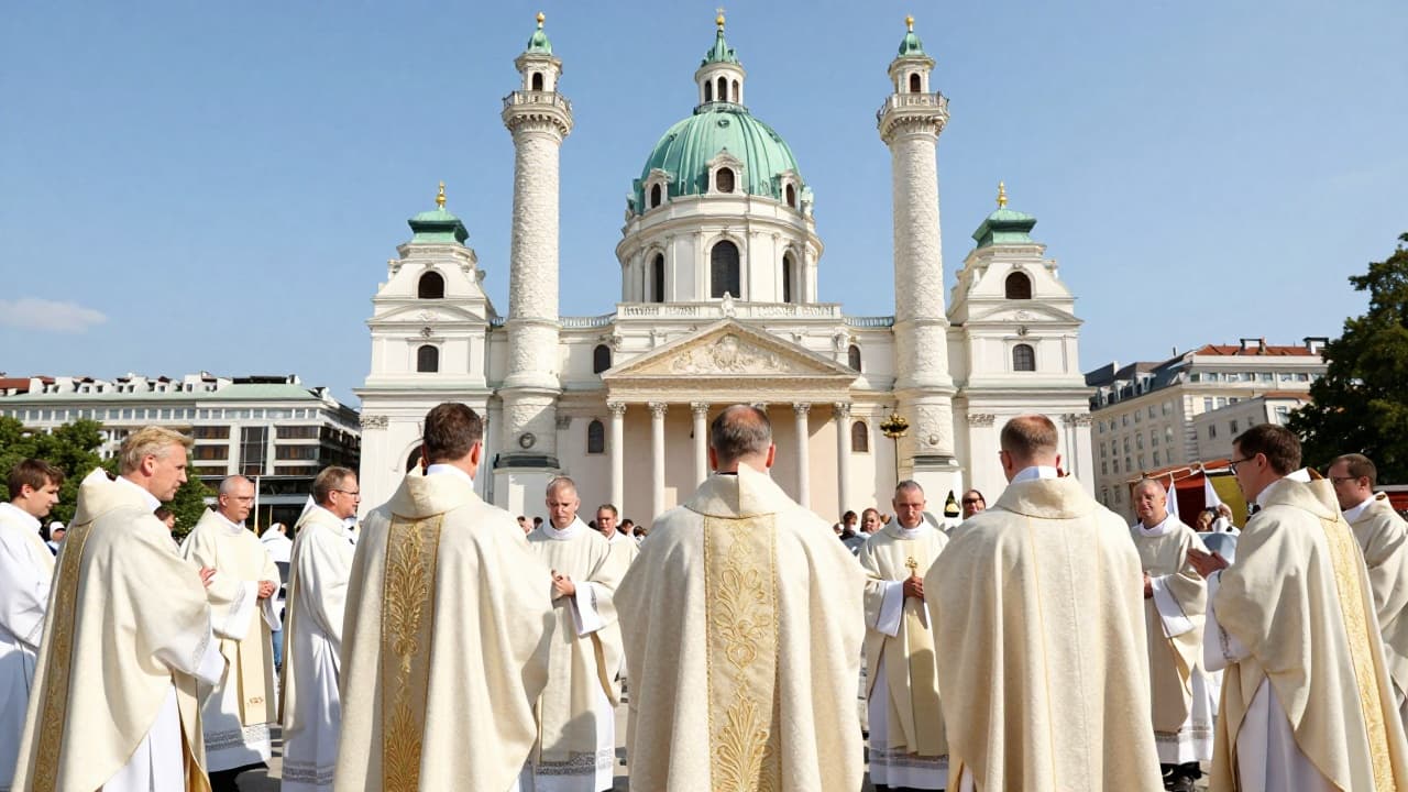 Pilgrims in front of the Church of St Barbara