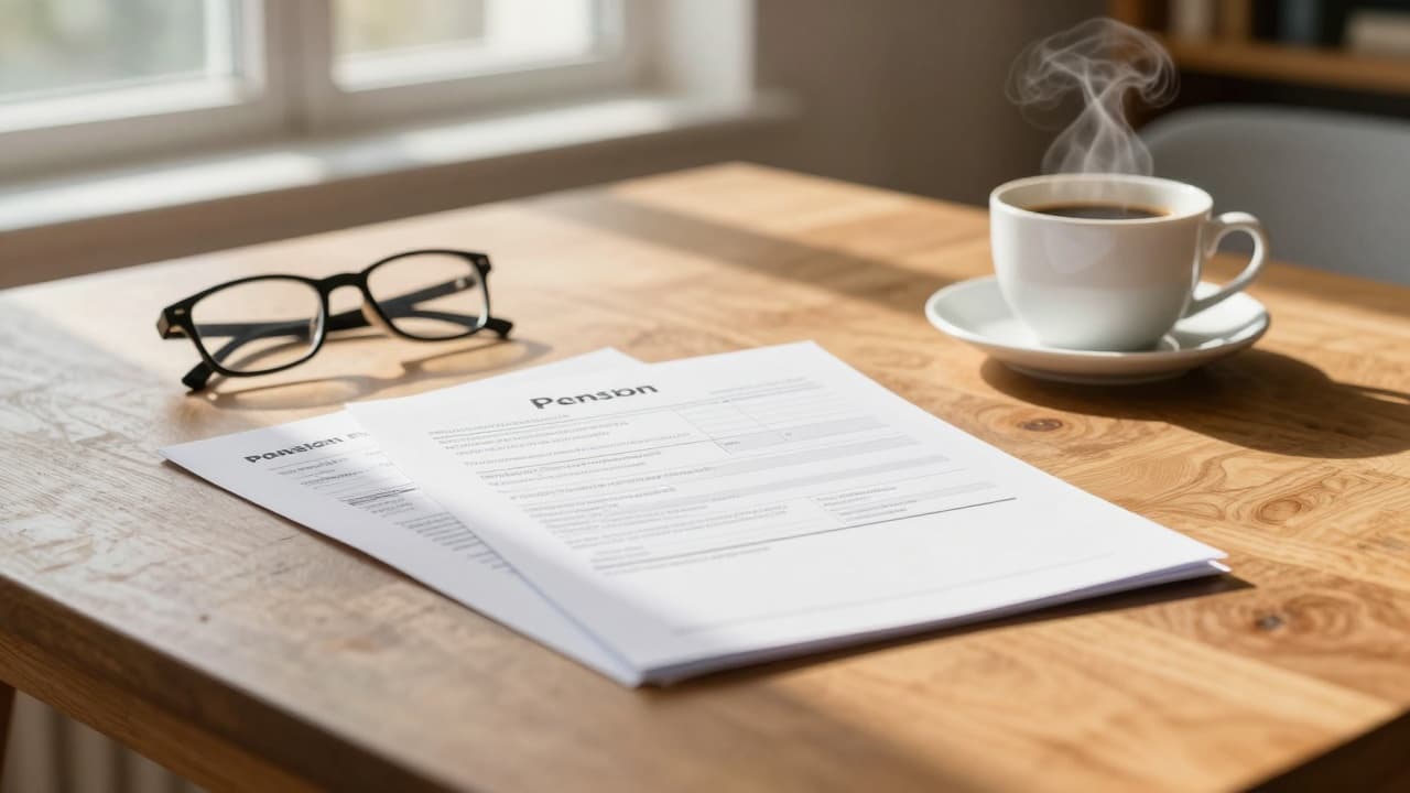 Pensioner documentation and coffee on a wooden table