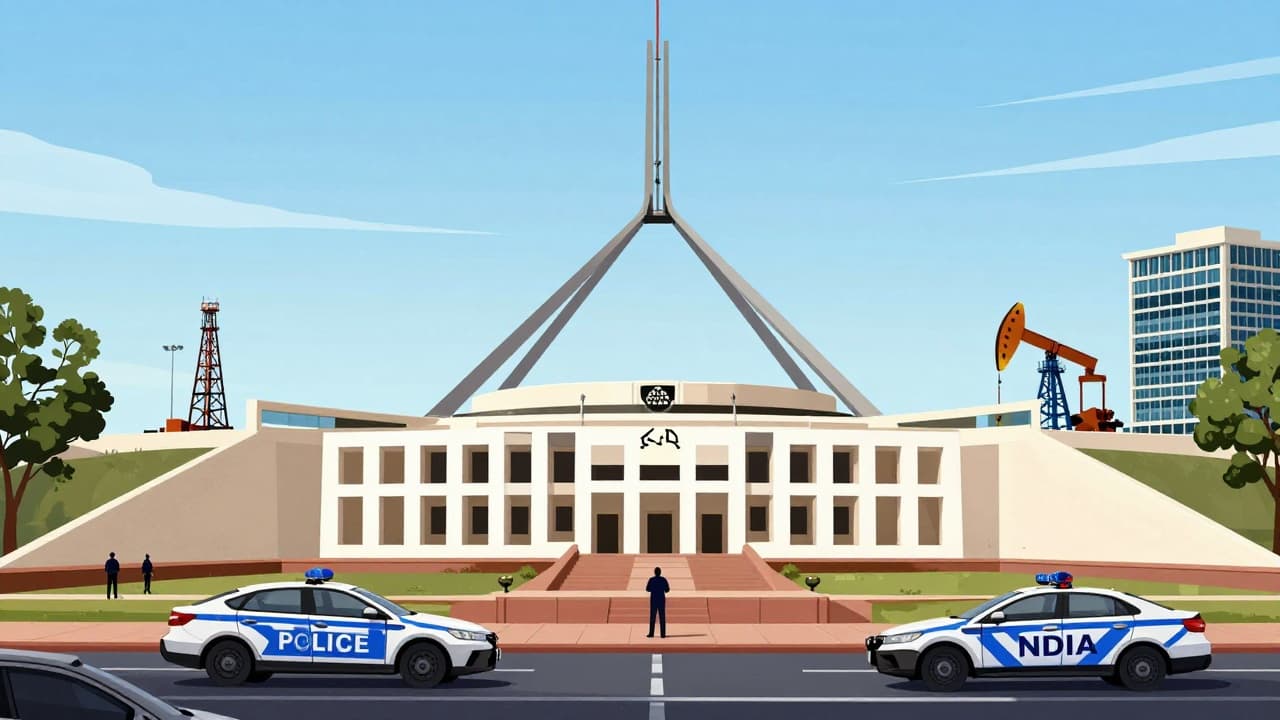 Parliament, gas pipeline, oil platform and police car