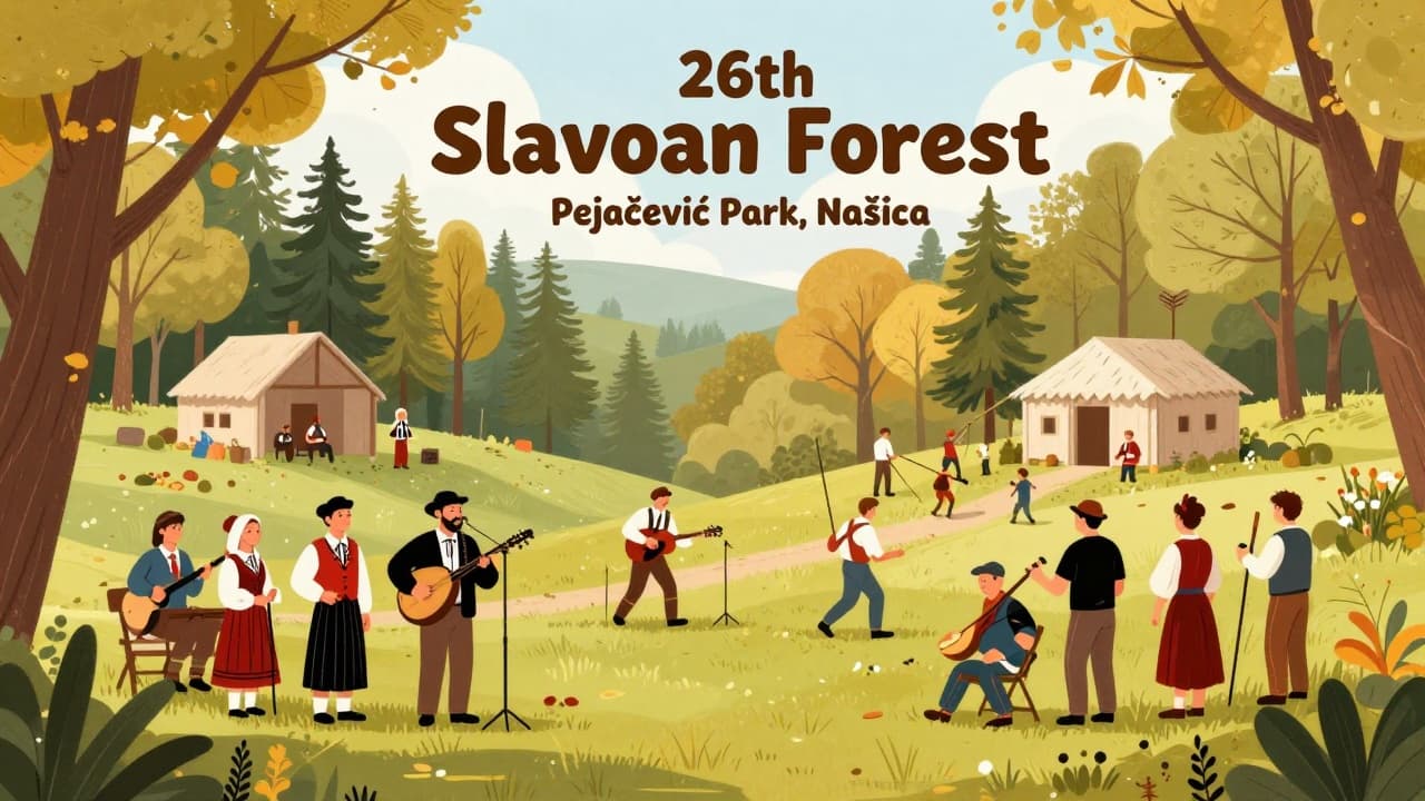 Tambura players and foresters in an autumn landscape