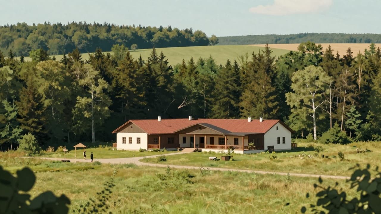 A hunting lodge in a wooded landscape