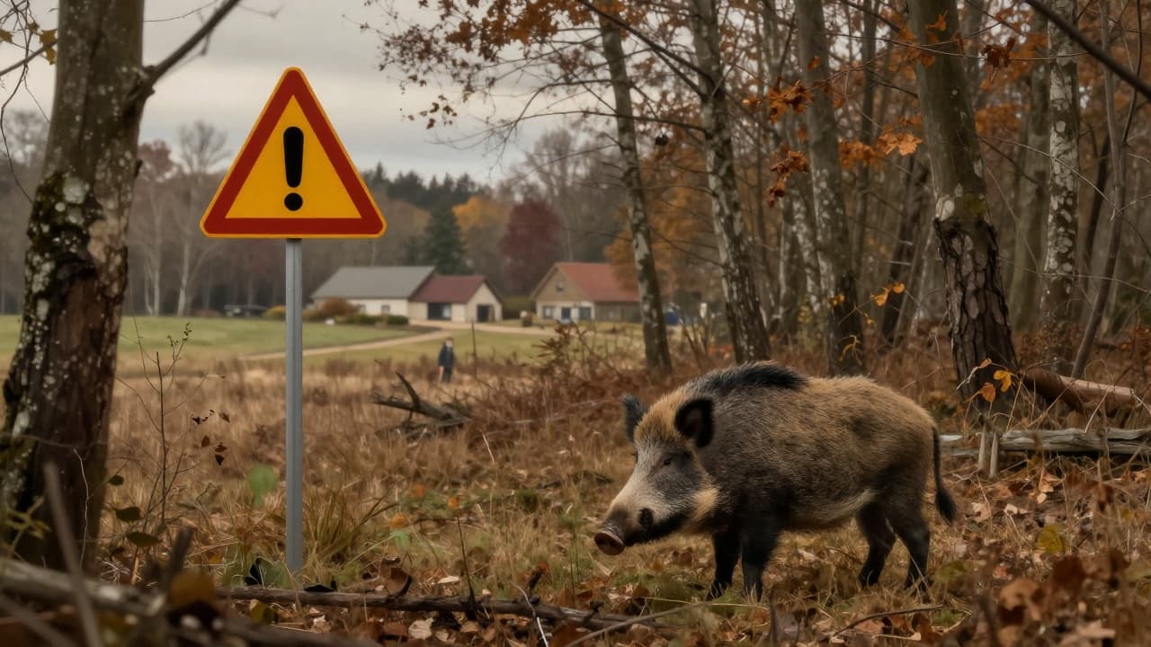 Divlja svinja u šumi uz prometnu opremu
