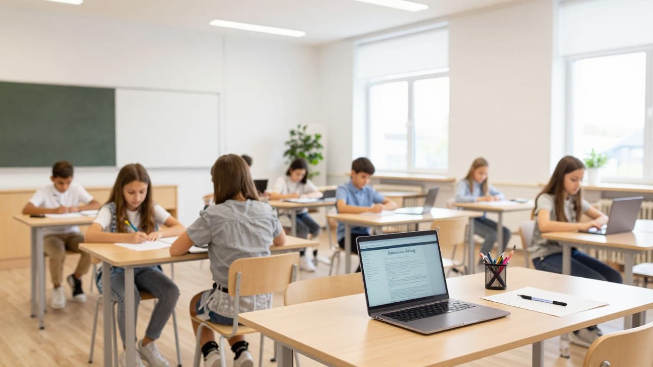 Students work on laptops in a modern classroom