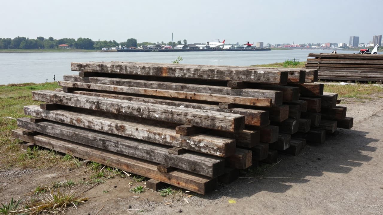 Nagomilani stari drveni željeznički pragovi uz rijeku
