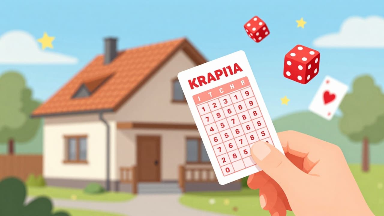 Hand holding a winning ticket in front of a renovated house