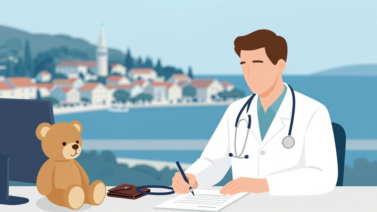 Stethoscope, teddy bear and contract on a table