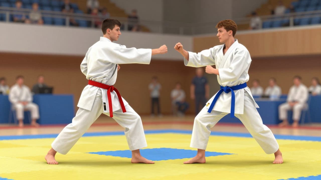 Two karatekas in white kimonos in combat