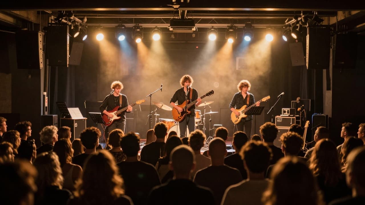 A band performs on a small stage