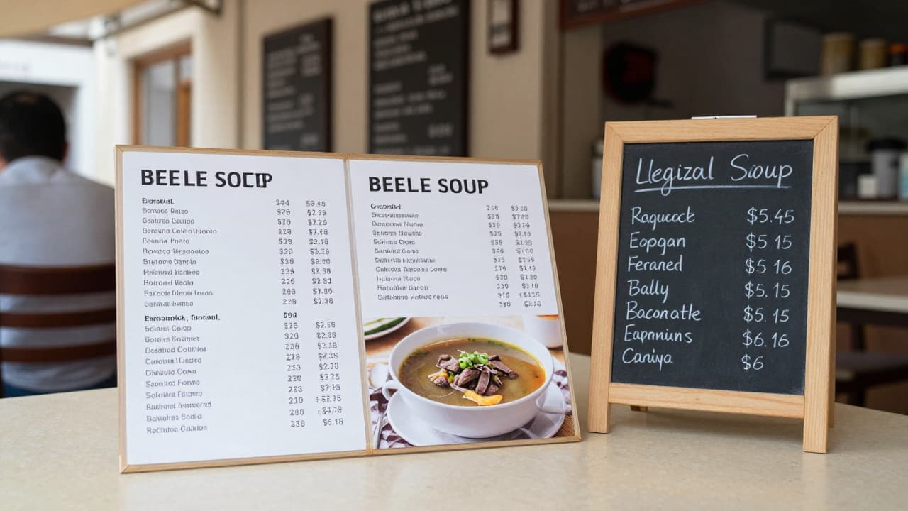 Price list showing prices in the restaurant