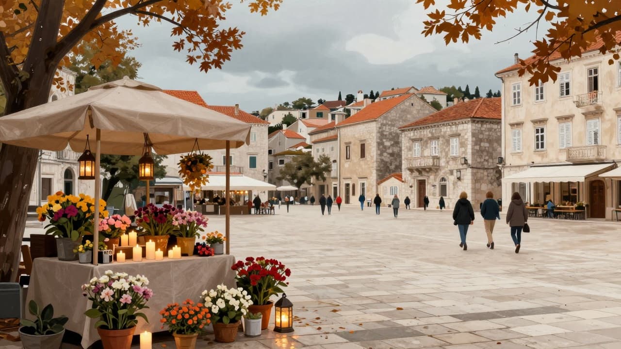 Stalls with flowers and candles in the square