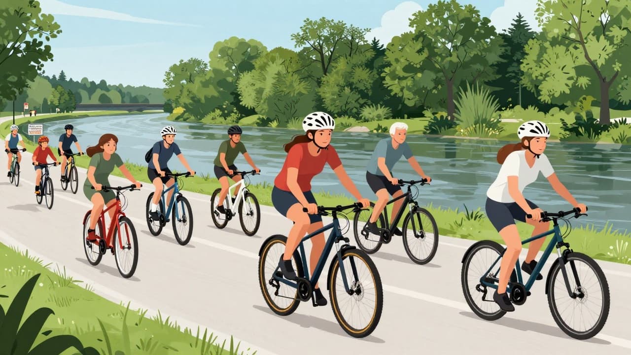Cyclists of different generations on the riverside promenade