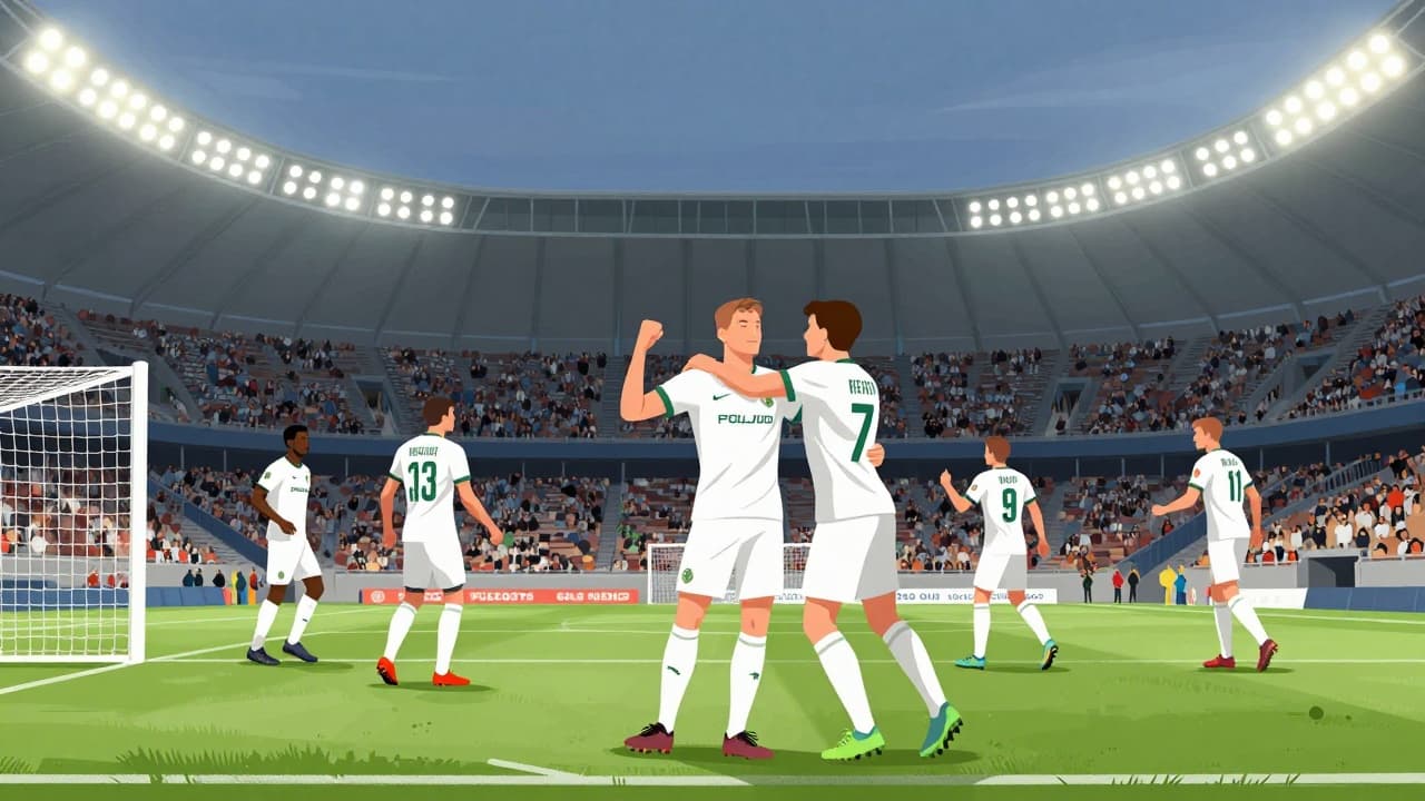 Goal celebration at a full stadium