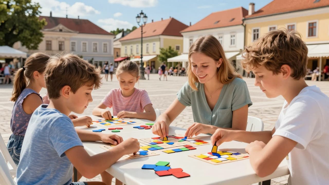 Children and adults solve puzzles in the square