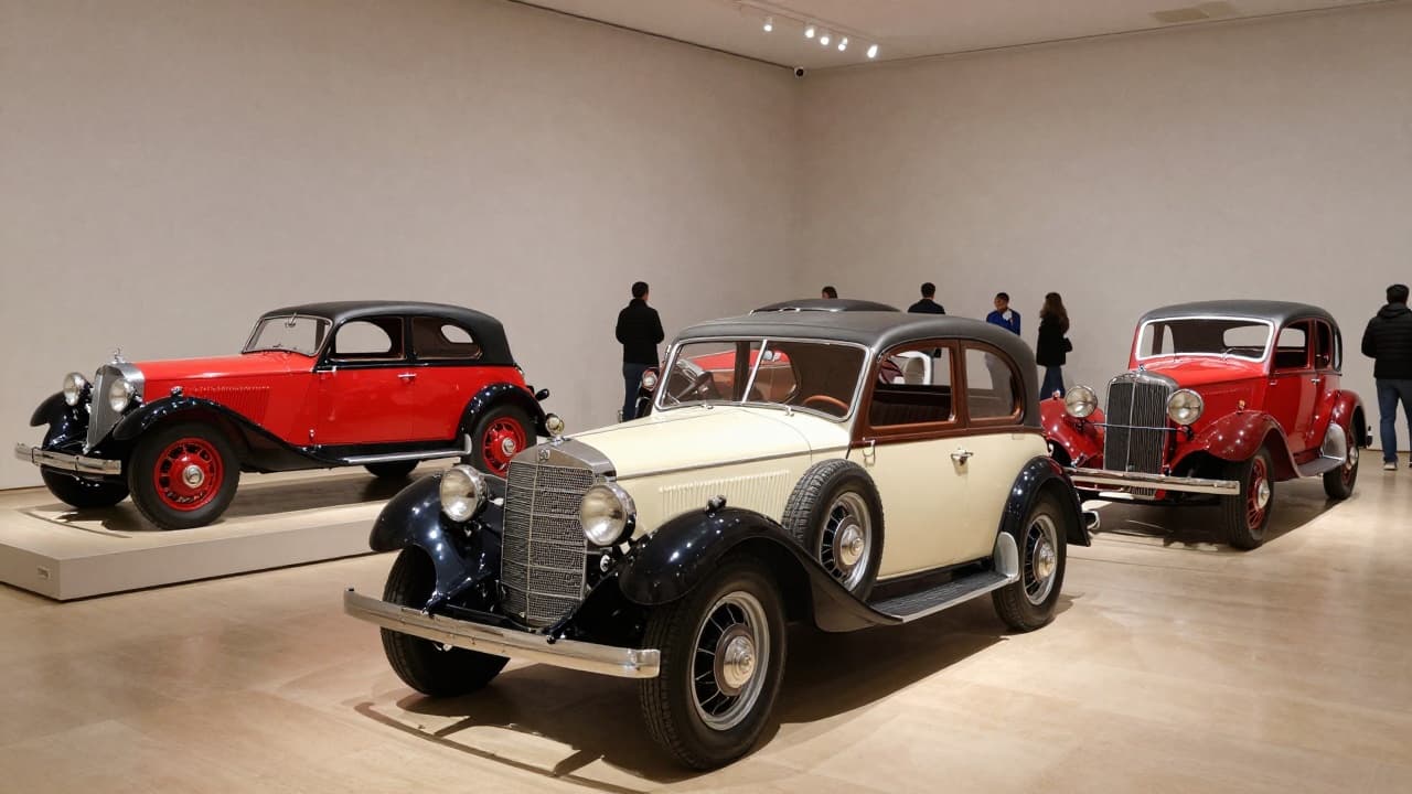 Old popemobiles displayed in a museum hall
