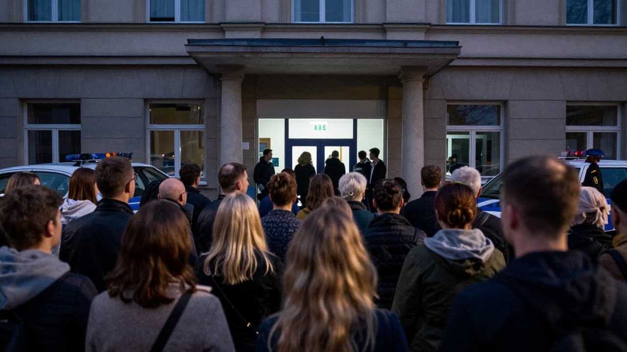 Groups of citizens and police outside the newsroom building