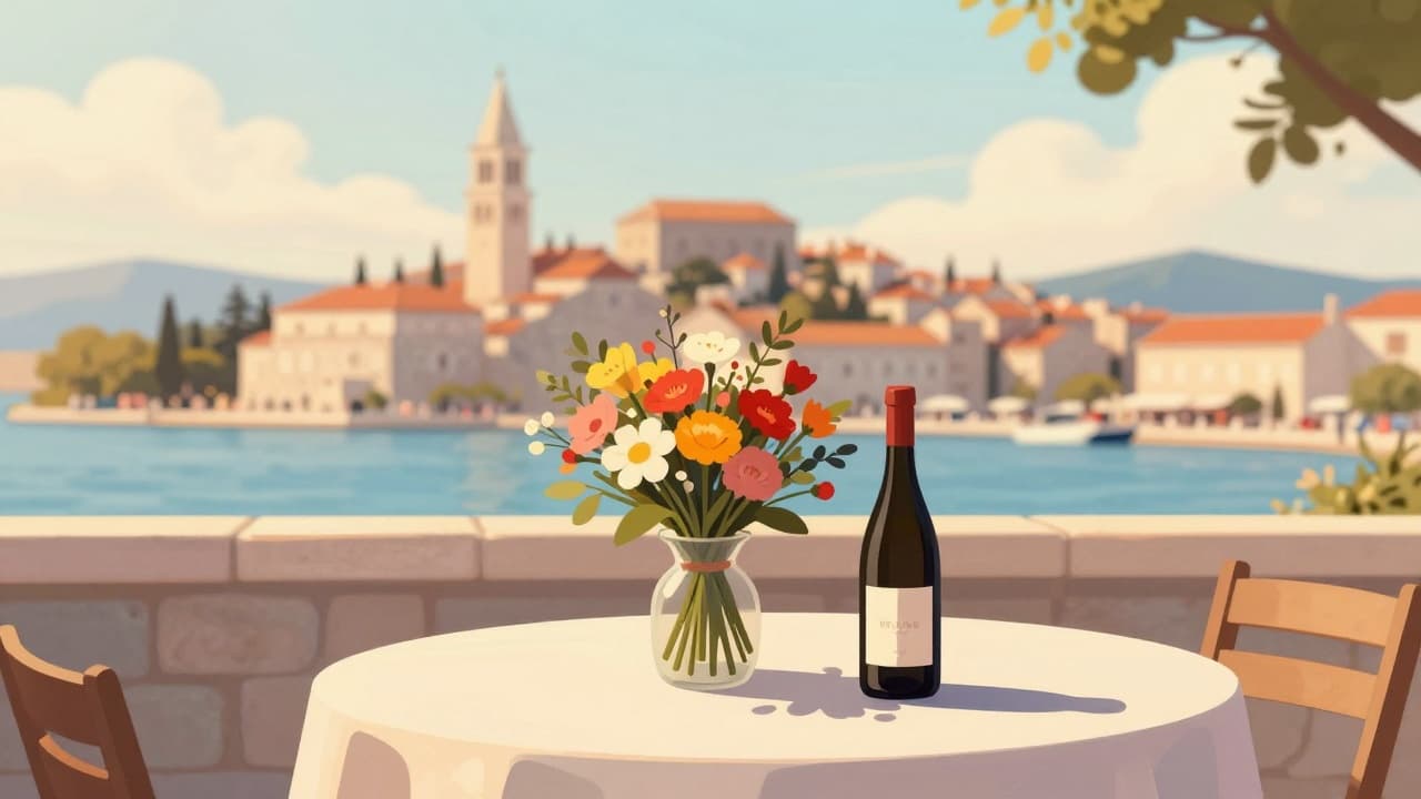 Cvijeće i vino na stolu