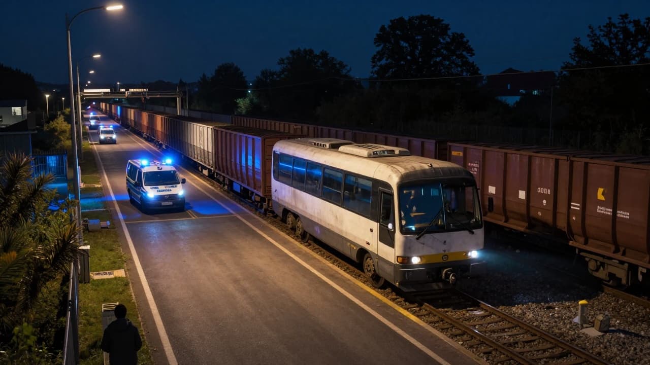 Damaged minibus next to train