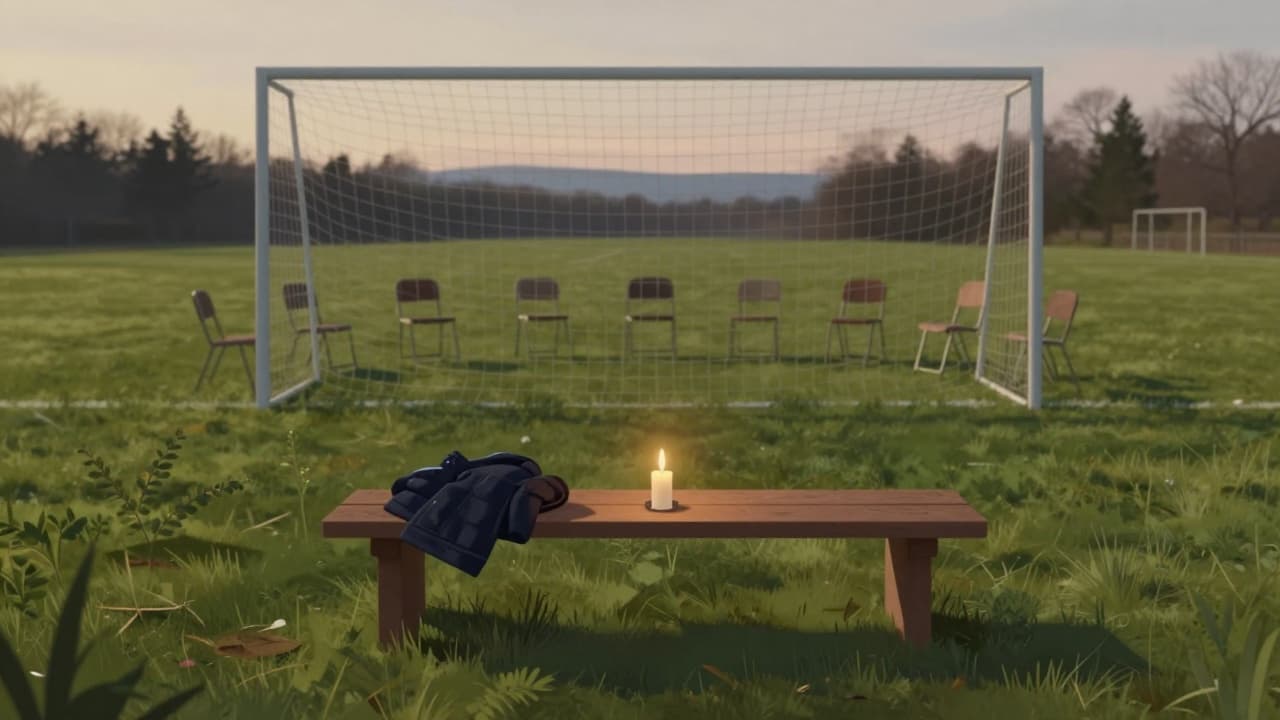 Wooden bench, candle, and goal on an empty field