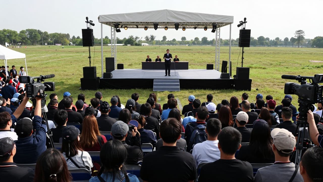 Solemn celebration outdoors with attendees and cameras