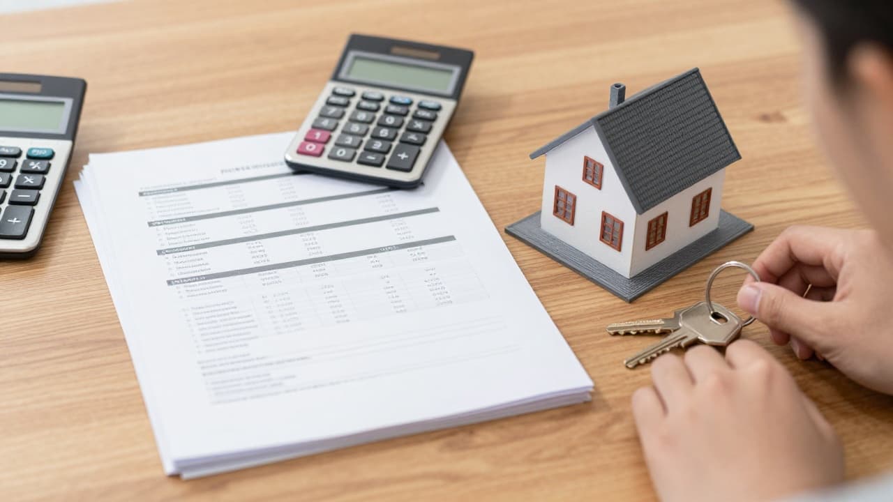 Calculator, documents and keys on a table