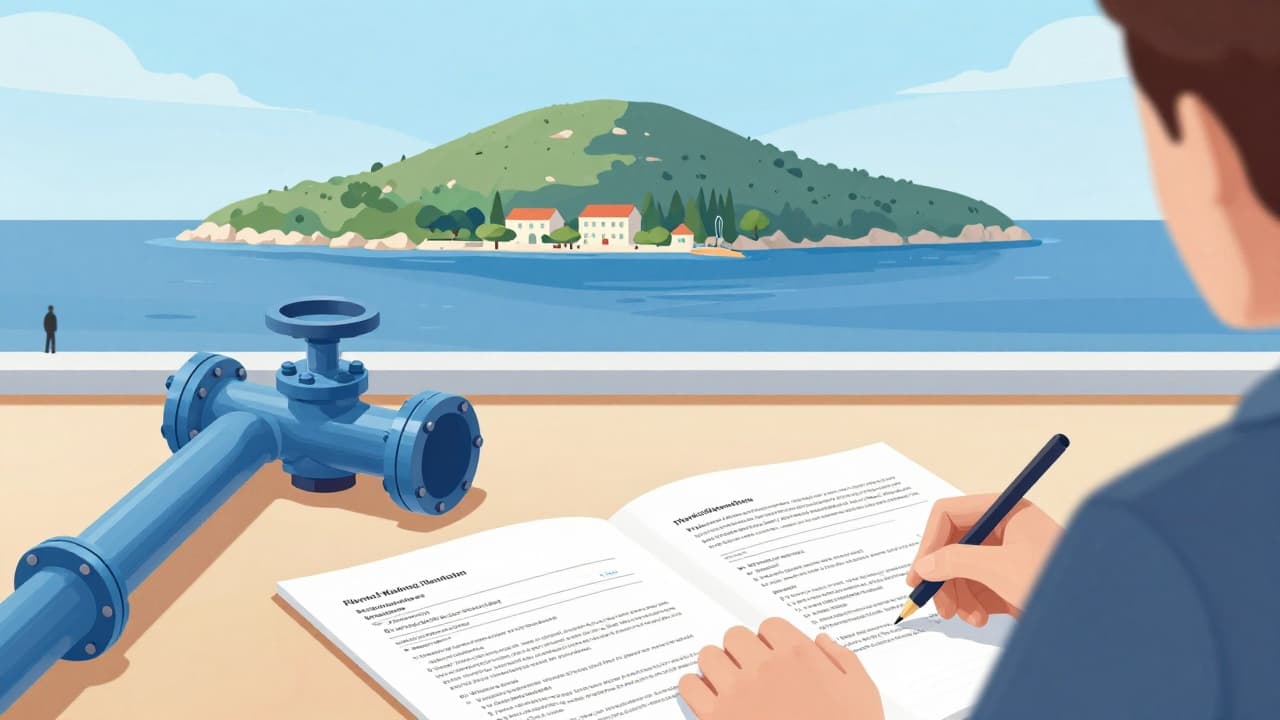 Vodovodne cijevi i dokumentacija uz pozadinu Mljeta