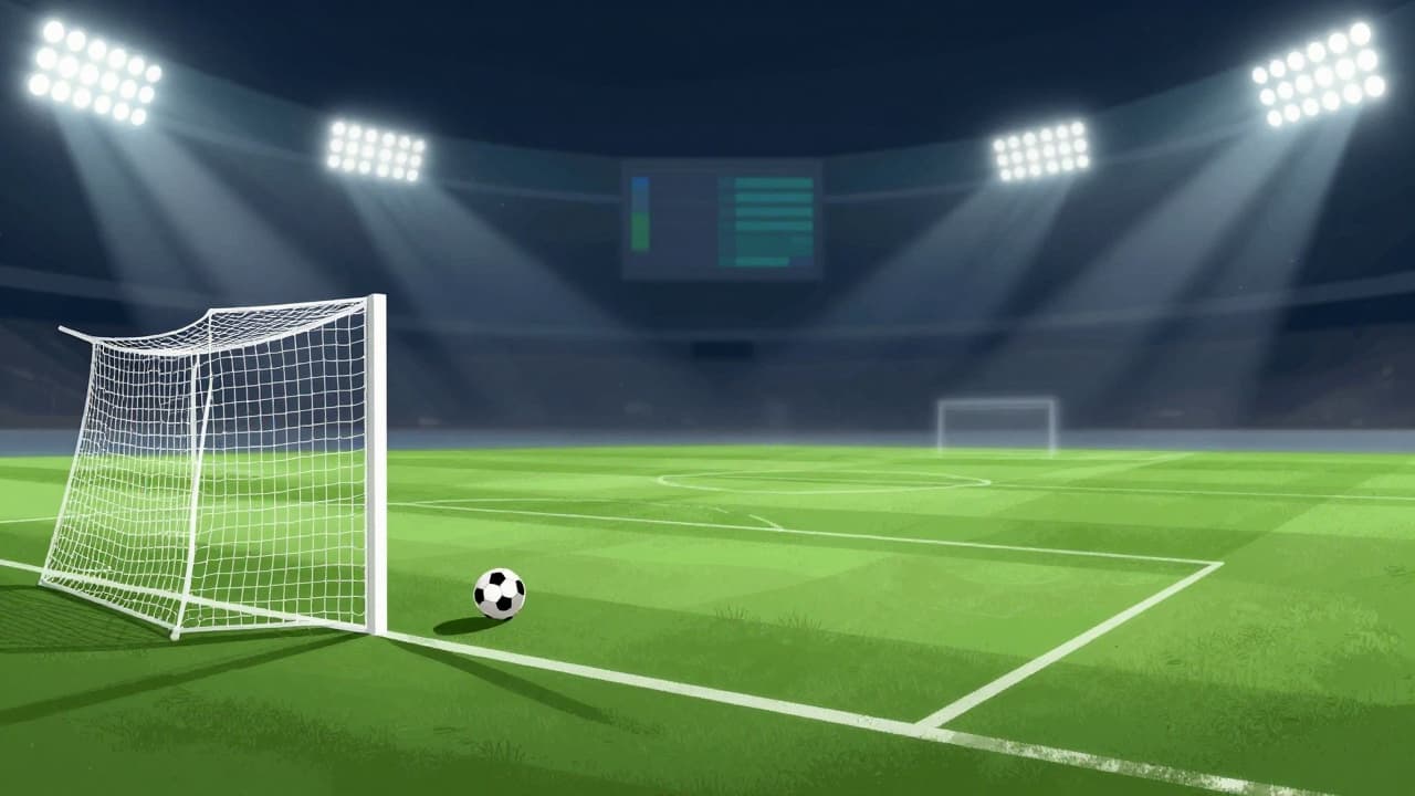An empty football pitch under stadium lights