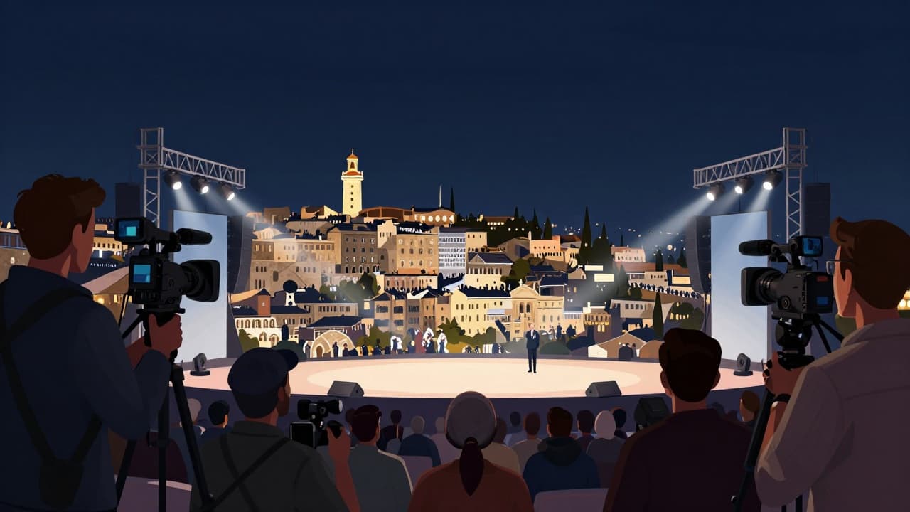 A night rally with floodlights and journalists in the foreground