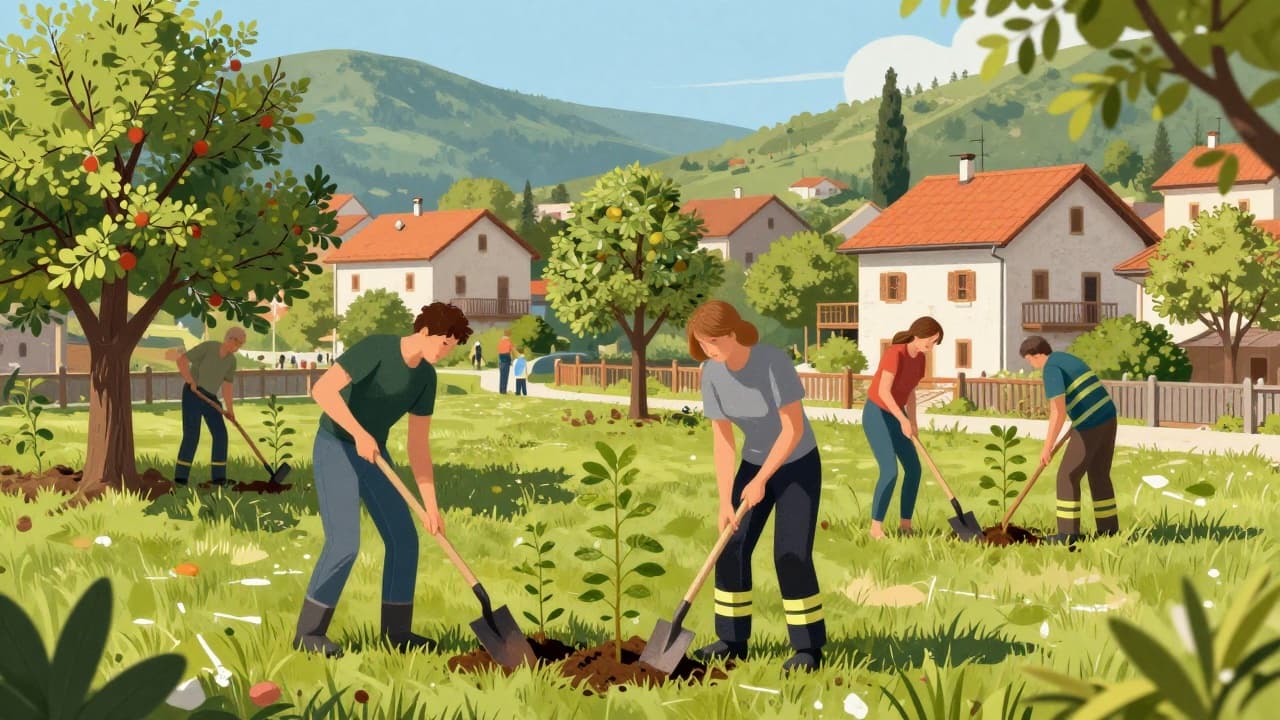 Firefighters plant fruit trees on a public green space