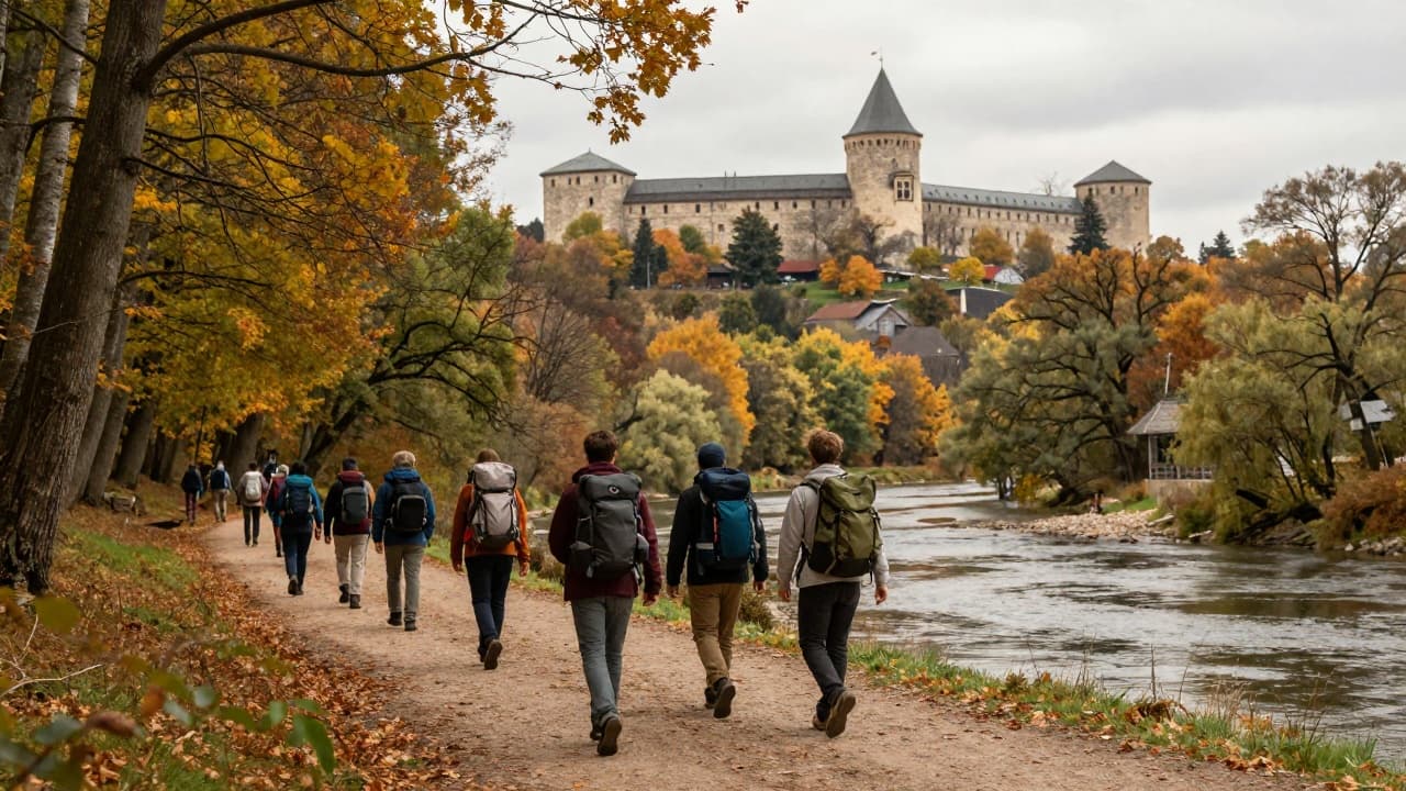 Hikers on the trail by the river