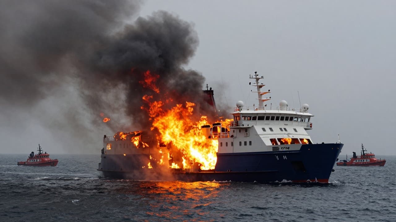 Ferry engulfed in flames during the night