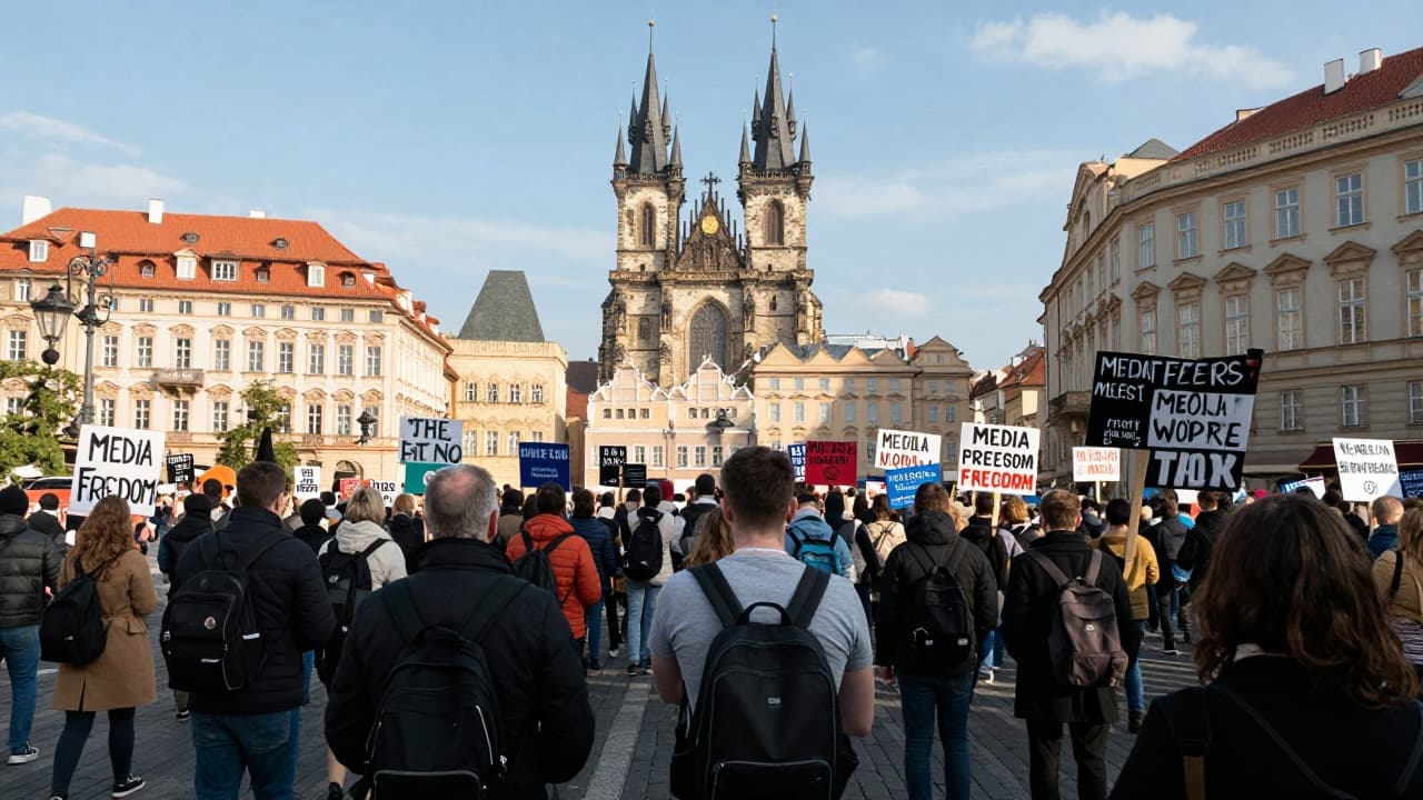Protesters with placards in central Prague