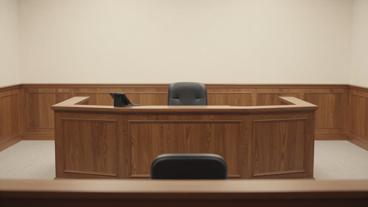 Empty defendant's bench in a courtroom