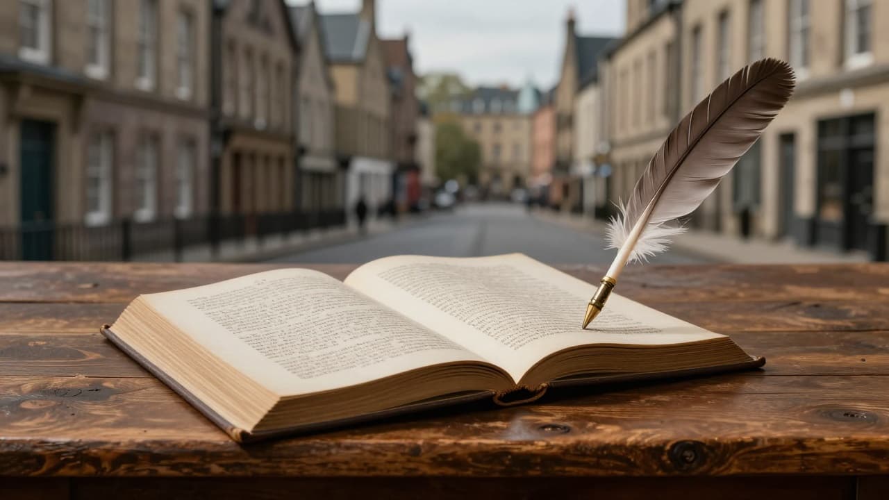 An open book and pens on a wooden table