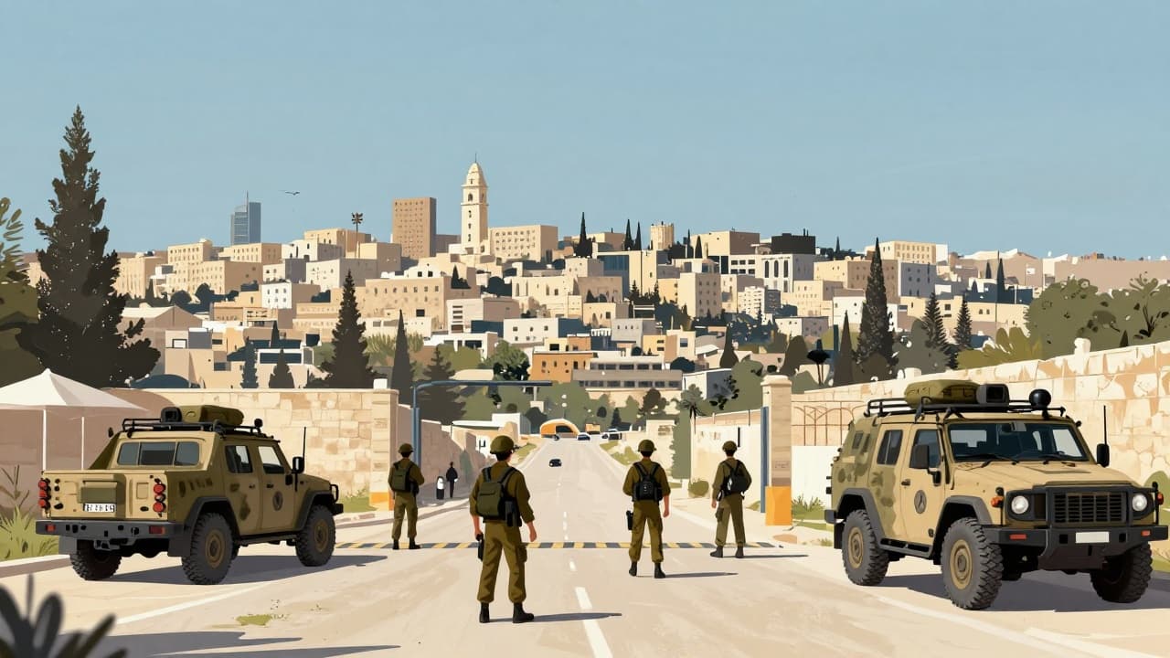 Soldiers and vehicles at a checkpoint outside Hebron