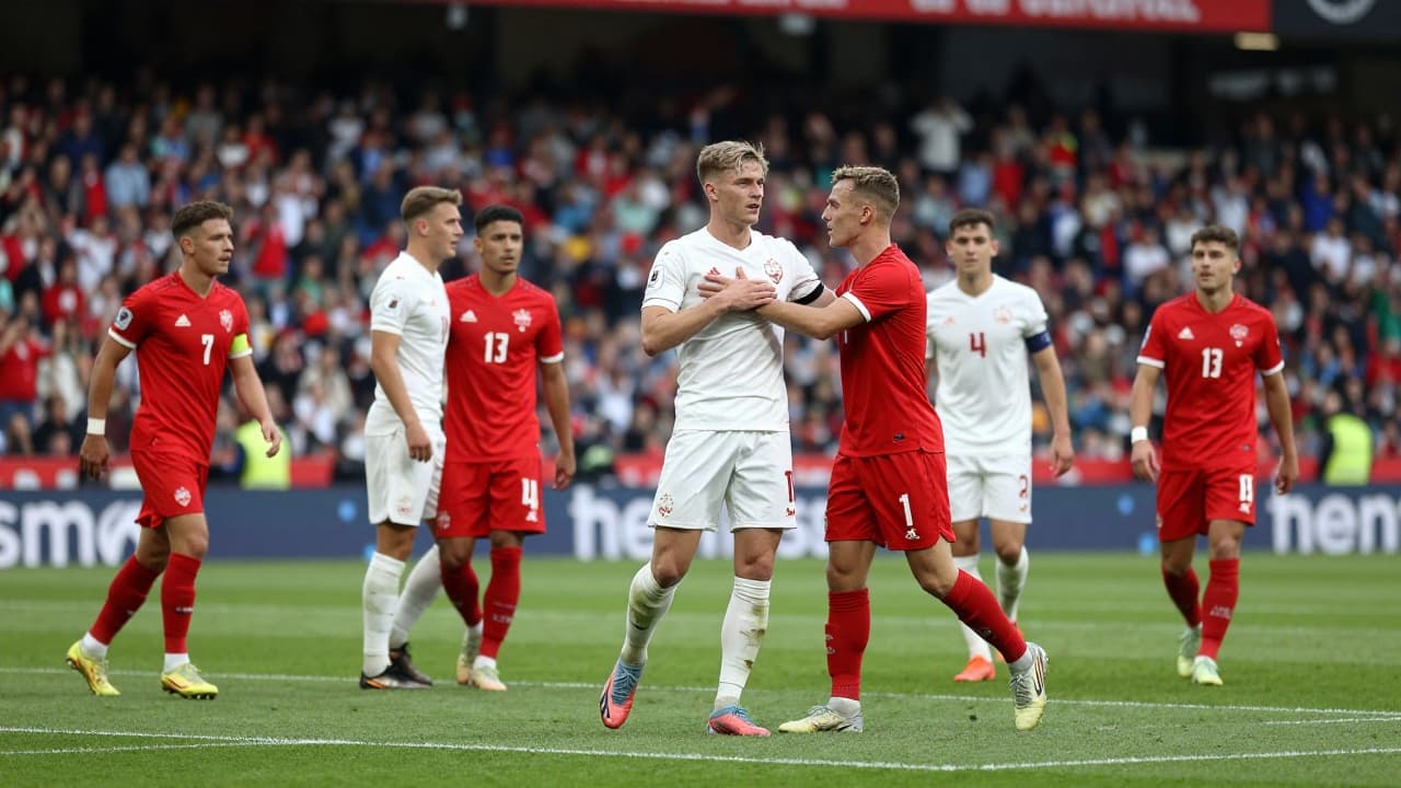 Young footballers in red and white kits celebrate a victory