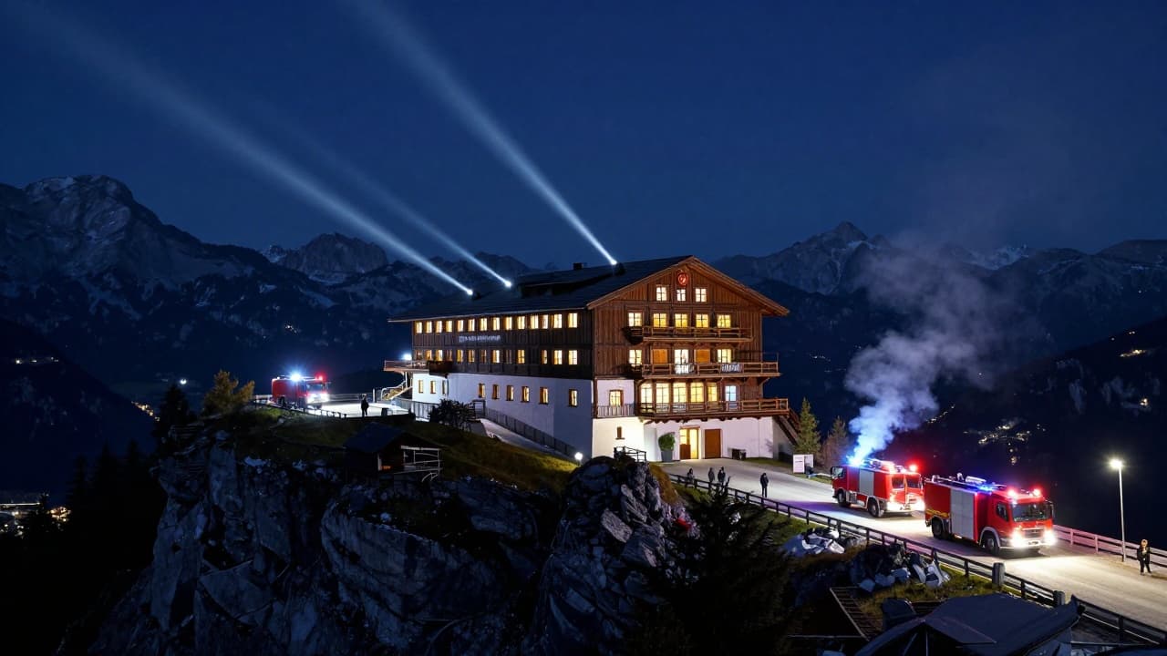 Nighttime fire on a mountain rock above Berchtesgaden