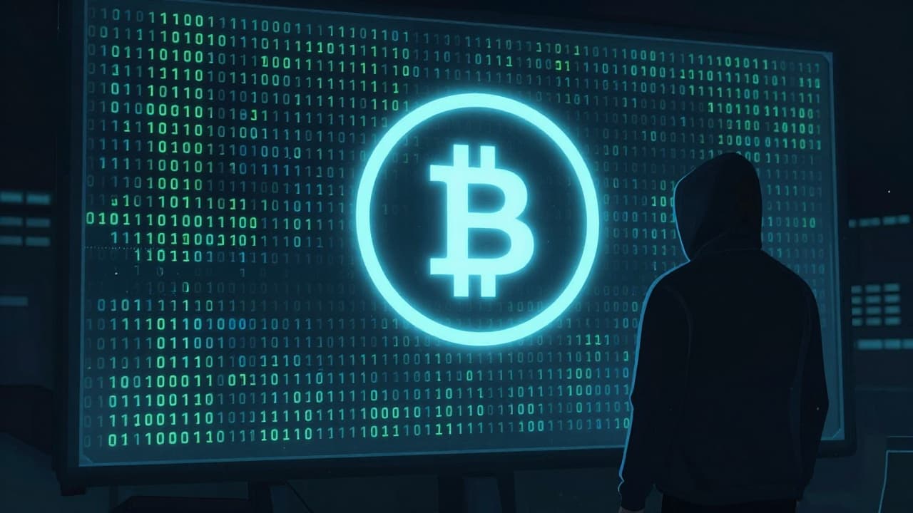 A dark screen displaying cryptocurrencies and a hacker silhouette