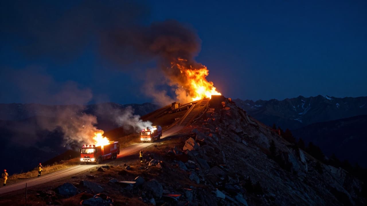 Fire on a mountain ridge at night
