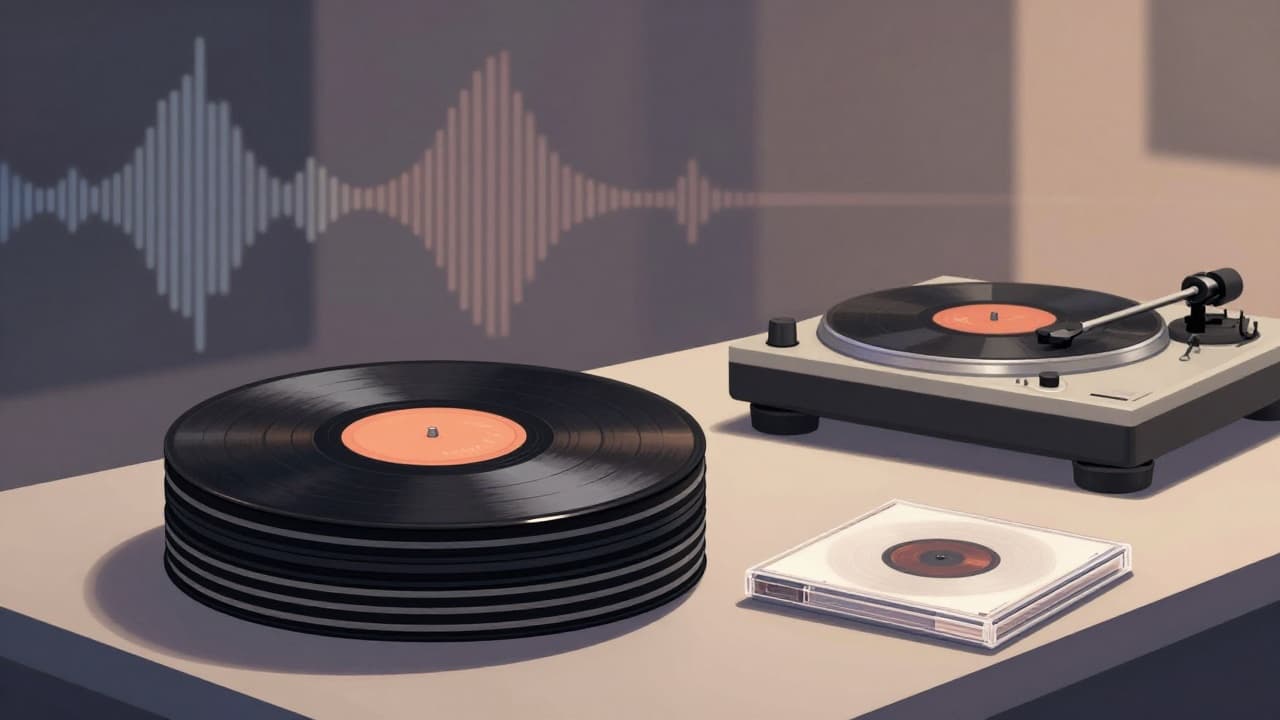 Vinyl records and album covers on a table