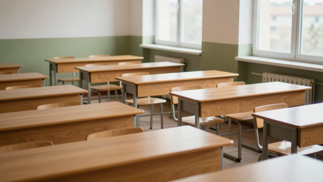 Empty classroom with empty desks