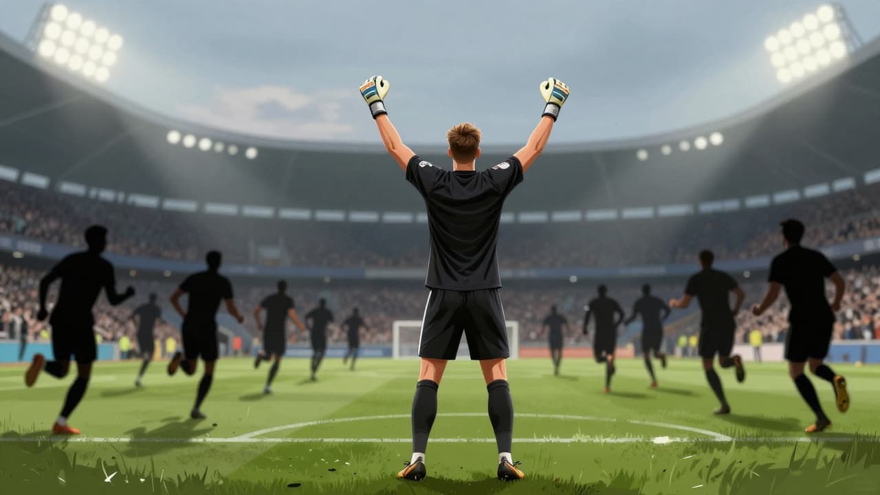 Goalkeeper celebrates a penalty save at the stadium