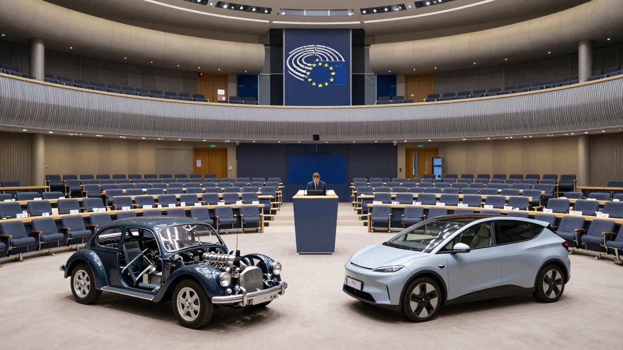 Empty European Parliament chamber with display of engine and electric vehicle