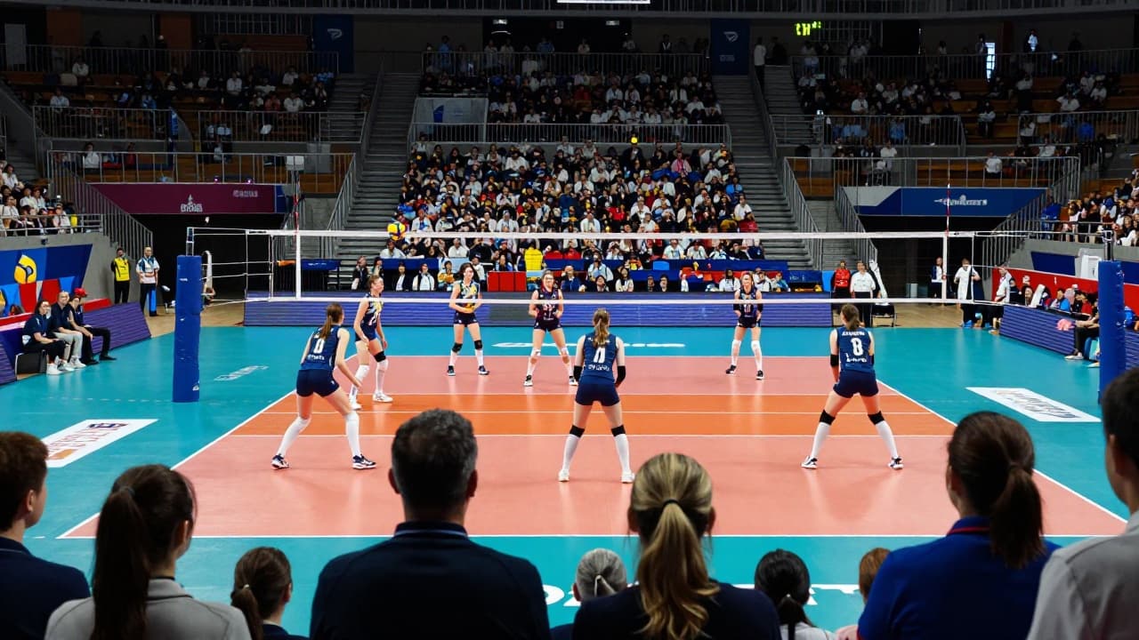 Women's volleyball players in action during the match