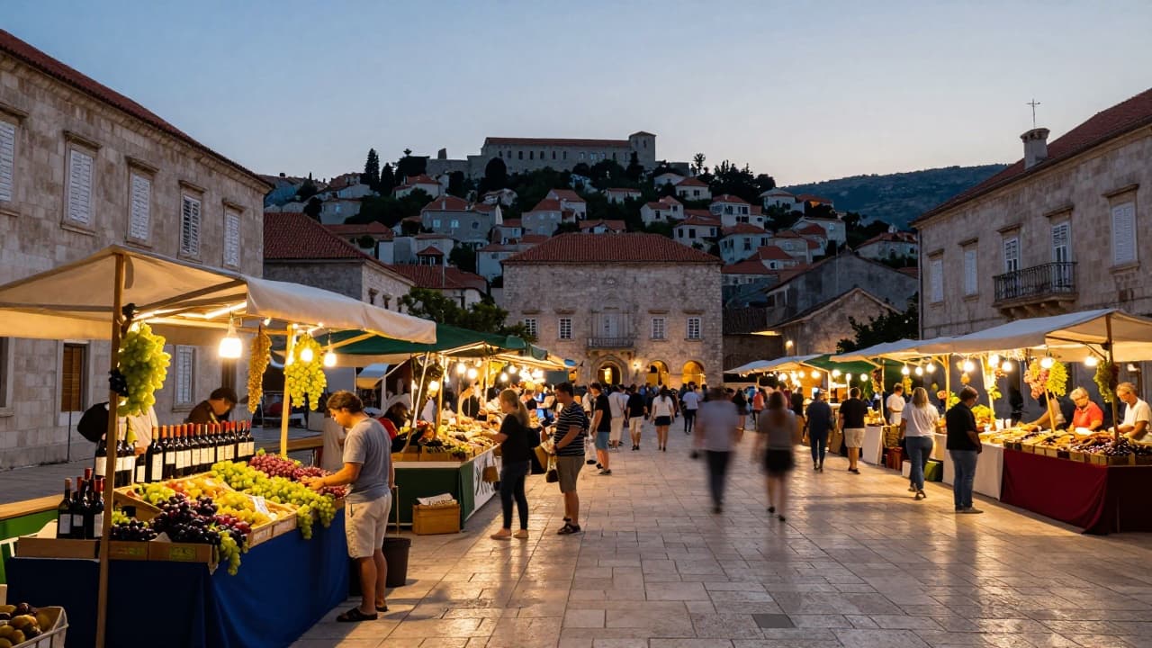 Večernji prizor s šarenim štandovima i pozornicom