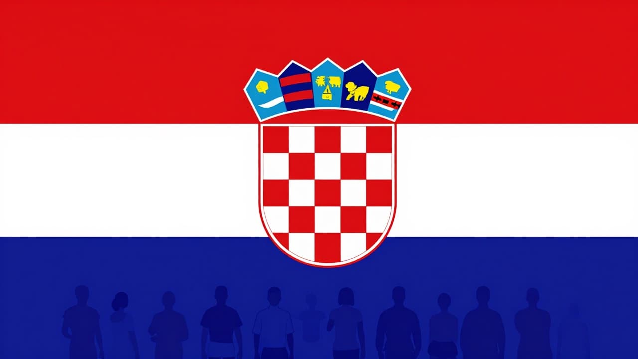 Croatian flag and silhouettes in the distance